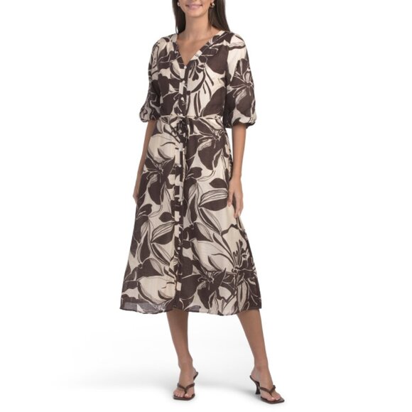 RACHEL ZOE Brown Multi Balloon Sleeves V-neck Button Front Dress - Picture 1 of 2